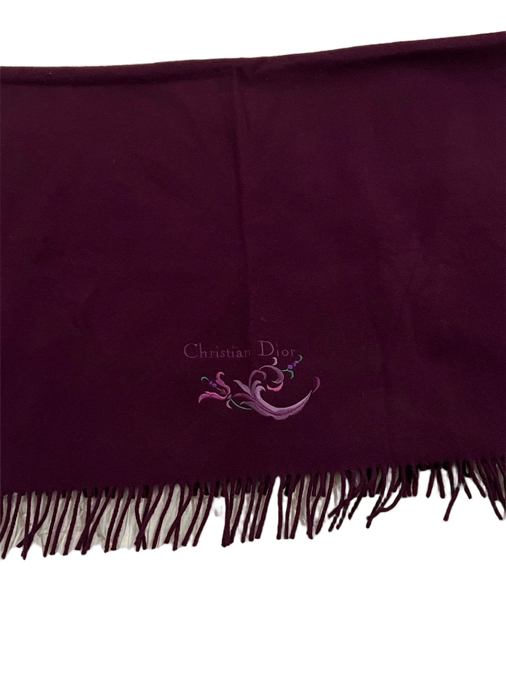 Christian Dior Vintage Burgundy Wool Fringe Scarf Wrap